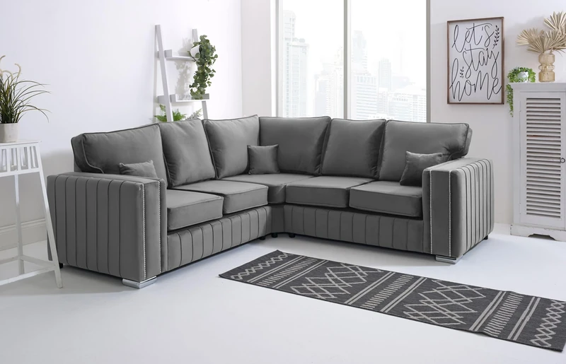 Sofahub Layla Steel Plush Velvet Sofa Set – Modern Living Room Couch with Foam Seat Cushions & Button Detailing | 2 Seater, 3 Seater, 3+2 & Corner Sofa Options (Steel, Corner)