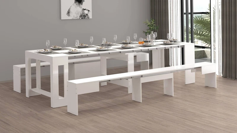 Dmora Torquato Bench, Set of 2 Dining Table Seats, Extendible Benches, 290 x 25 x 45 cm, Glossy White