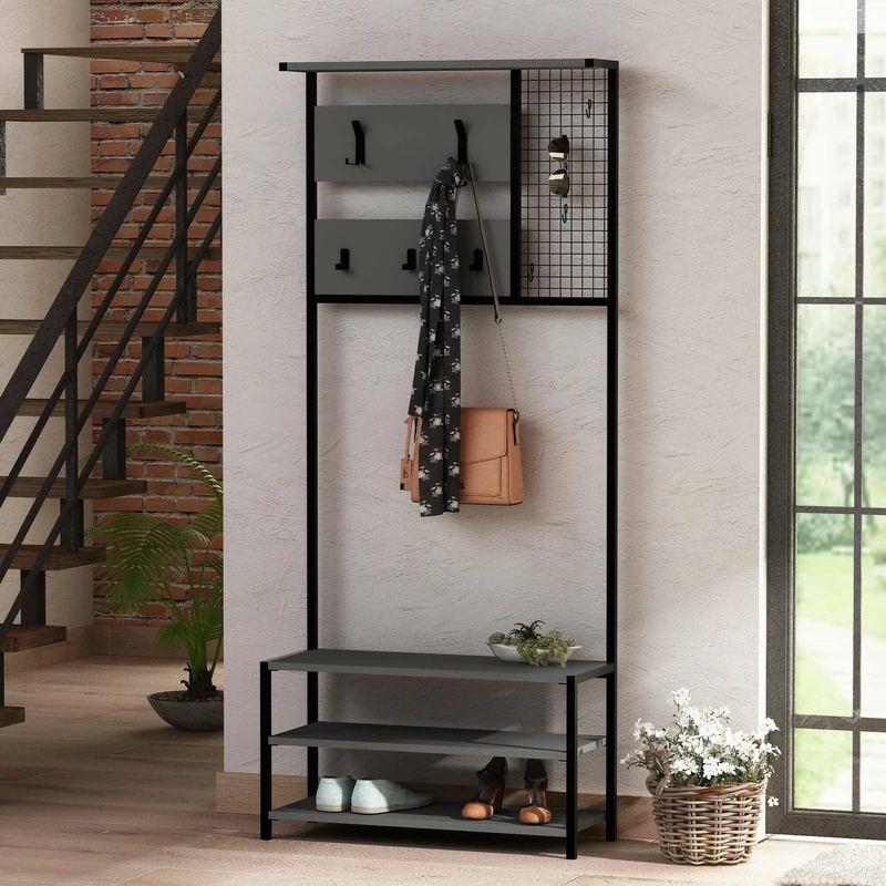 Dmora Niobe Entrance Cabinet, Coat Rack, Composition for Lobby, Multifunctional Storage Console, 78 x 30 x H 182 cm, Anthracite and Black - Image 1