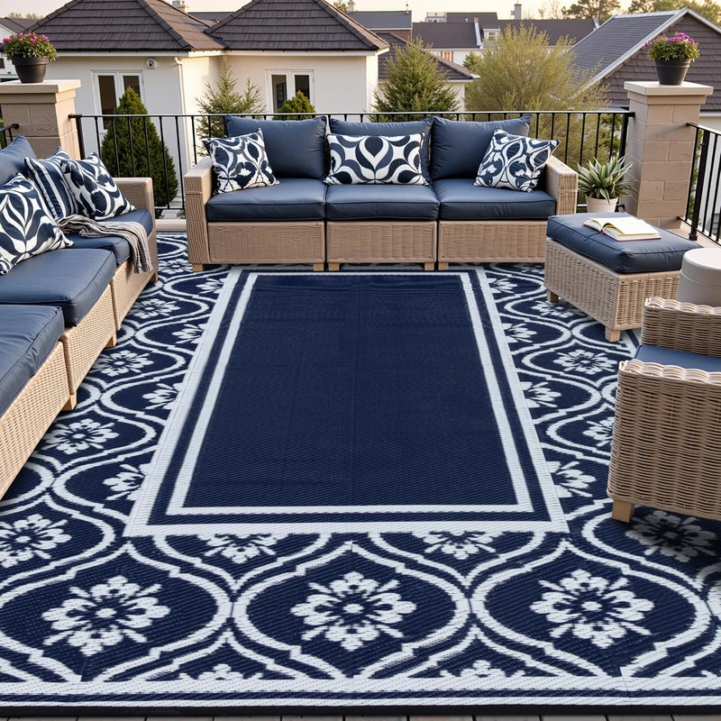 HUGEAR Outdoor Rug 8x10 Patio Waterproof Mat Camping Carpet Blue Outside Area Rug Reversible Rugs for RV Deck Entryance Porch Picnic Balcony Beach