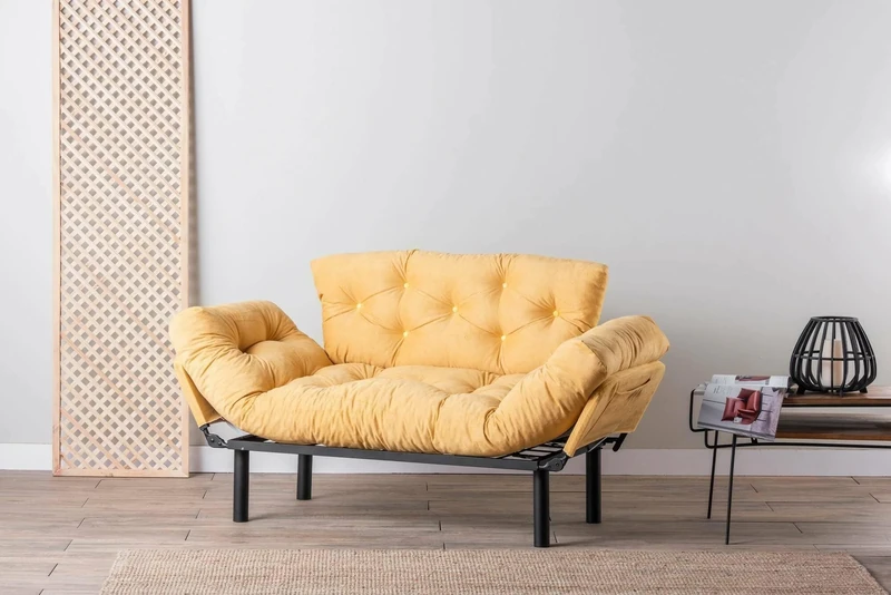 Dmora Zeeusis 2-Seater Sofa Bed, Convertible Sofa, Guest Sofa, Container Bed, 155 x 70 x 85 cm, Yellow