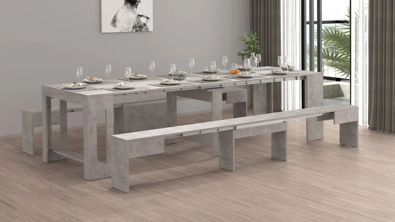 Dmora Torquato Bench Set of 2 Chairs for Dining Table, Extendable Benches, 290 x 25 x 45 cm, Grey