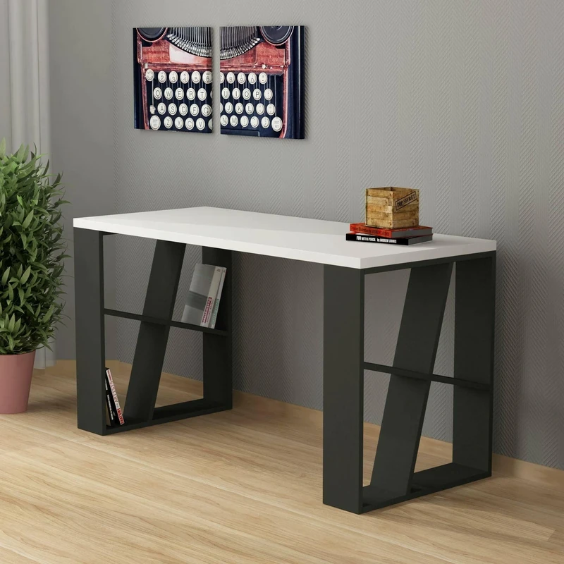 Dmora Ishara Desk, Multipurpose Writing Desk, Office Table for PC Holder, Worktop, 140 x 60 x H 75 cm, White and Anthracite