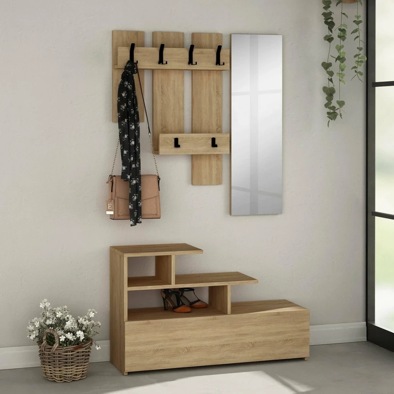 Dmora Saturn Entrance Cabinet, Coat Rack, Composition for Lobby, Multifunctional Storage Console, 30 x 5 x H 99 cm, Oak