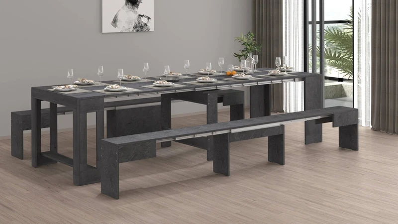 Dmora Torquato Bench Set of 2 Chairs for Dining Table, Extendable Benches, 290 x 25 x 45 cm, Slate