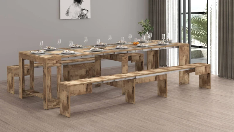 Dmora Torquato Bench Set of 2 Seats for Dining Table, Extendable Benches, 290 x 25 x 45 cm, Maple