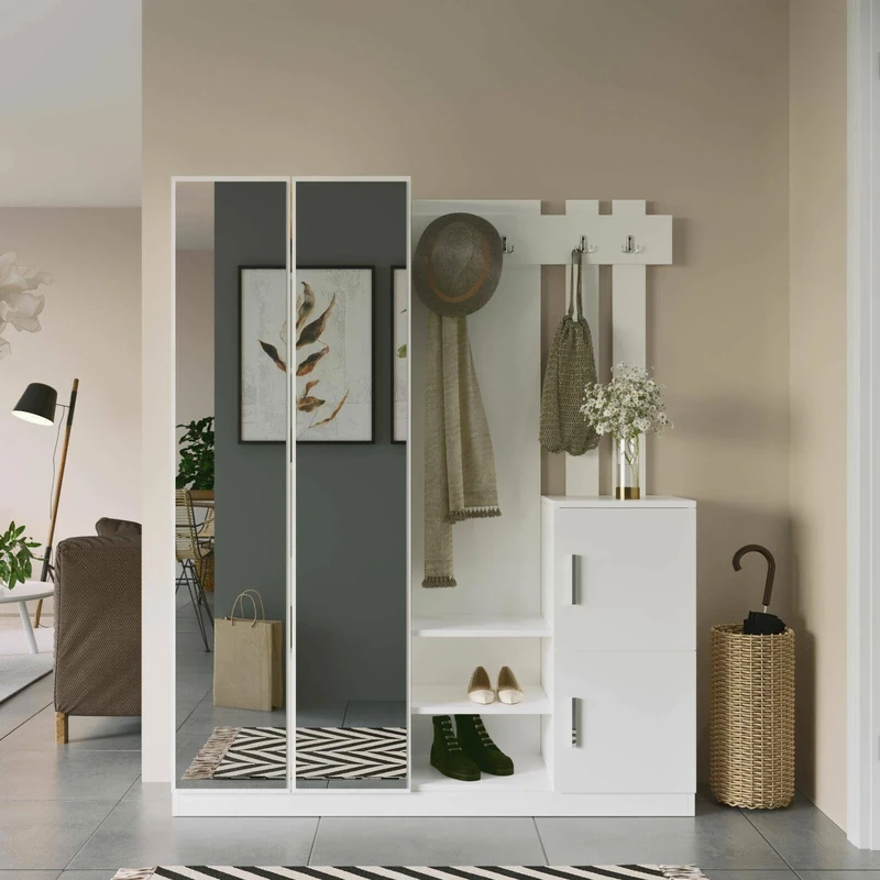 Dmora Cetus Entrance Cabinet, Coat Rack, Composition for Lobby, Multifunctional Storage Console, 147 x 38 x H 180 cm, White