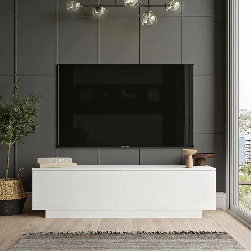 Dmora - Ganymede TV Cabinet, Living Room Sideboard, Low Cabinet for TV, Equipped Wall Base, 140 x 36 H 38 cm, White