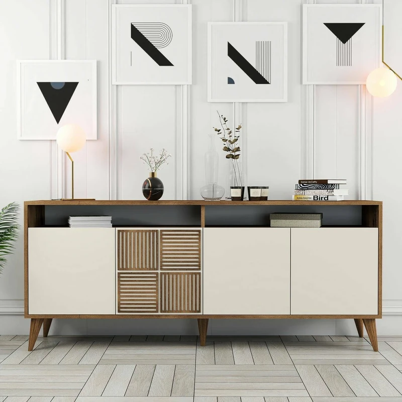 Dmora Rotanev Sideboard, Buffet for Living Room, Kitchen Pantry, 180 x 35 x 79 cm, Walnut and Cream