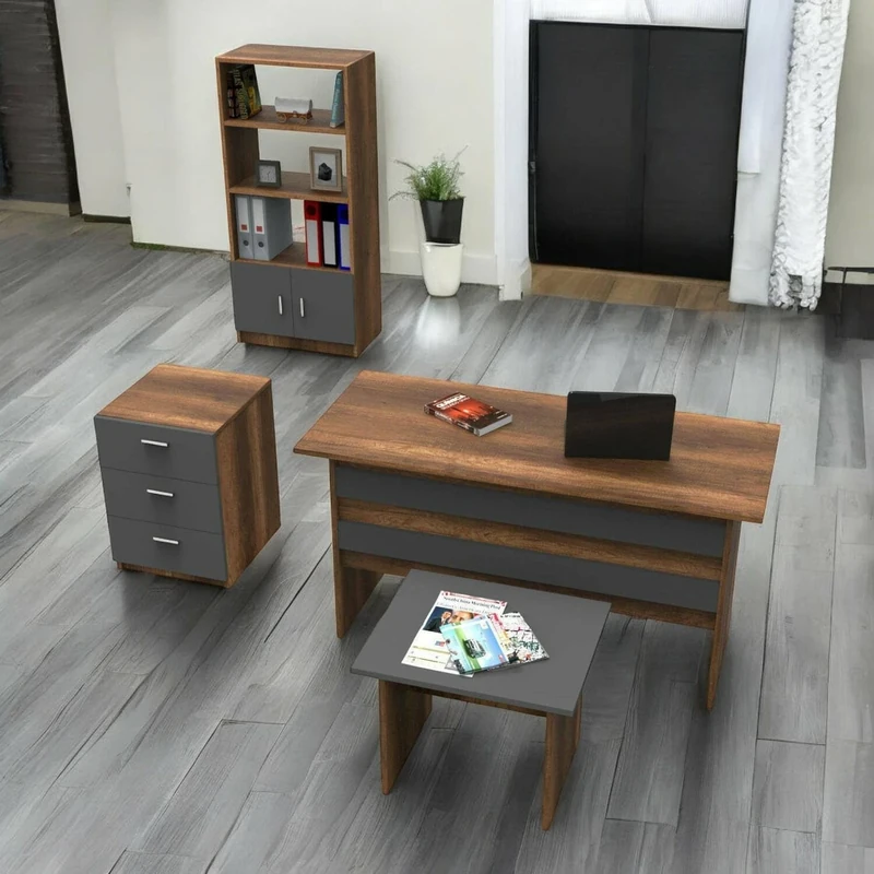 Dmora Bosona Studio Composition, Office Kit, Desk and Chest of Drawers Set, Walnut and Anthracite