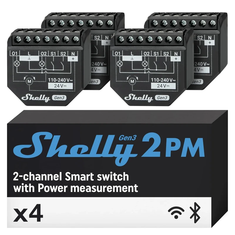 Shelly 2PM Gen3 - Wi-Fi & Matter Smart Roller Shutter Switch Module, Power Metering, 2-Channel 16A, Motorized Blinds & Curtains Control, Alexa & Google Home, No Hub Required, Home Automation (4 Pack)