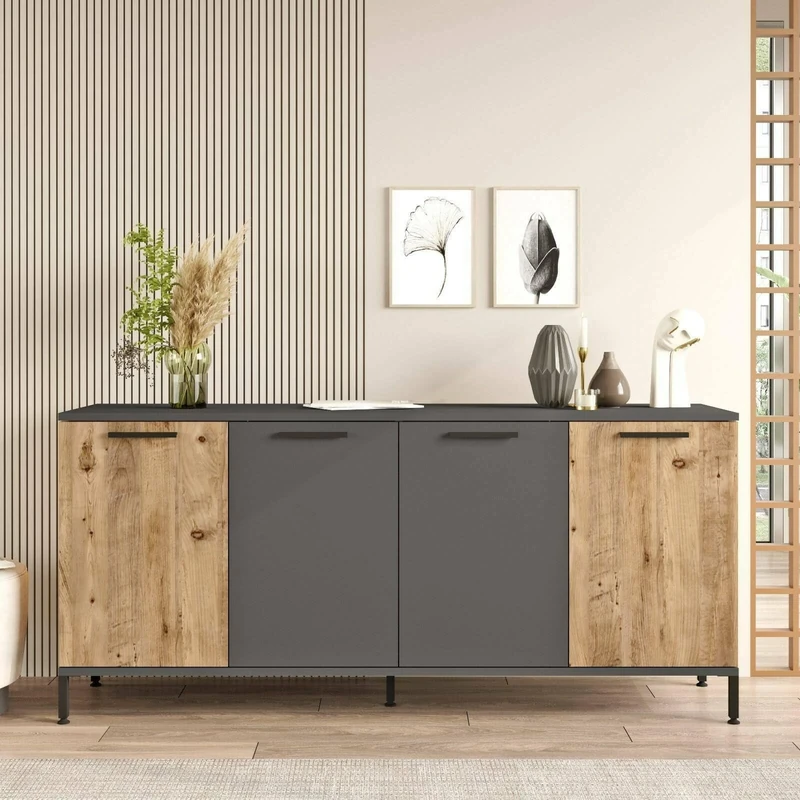 Dmora Alfrick Sideboard, Buffet for Living Room, Kitchen Pantry, 160 x 40 x 72 cm, Oak and Anthracite