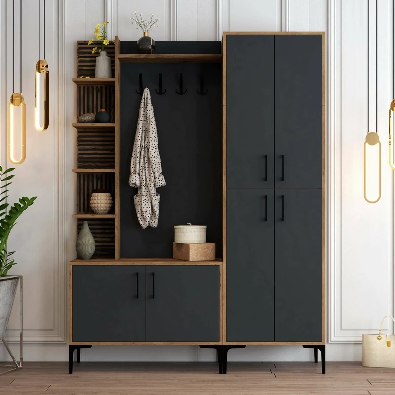 Dmora - Entrance Cabinet Sideboards, Clothes Entrance, Composition for Lobby, Multifunctional Storage Console, 150 x 35 x 200 cm, Walnut and Anthracite