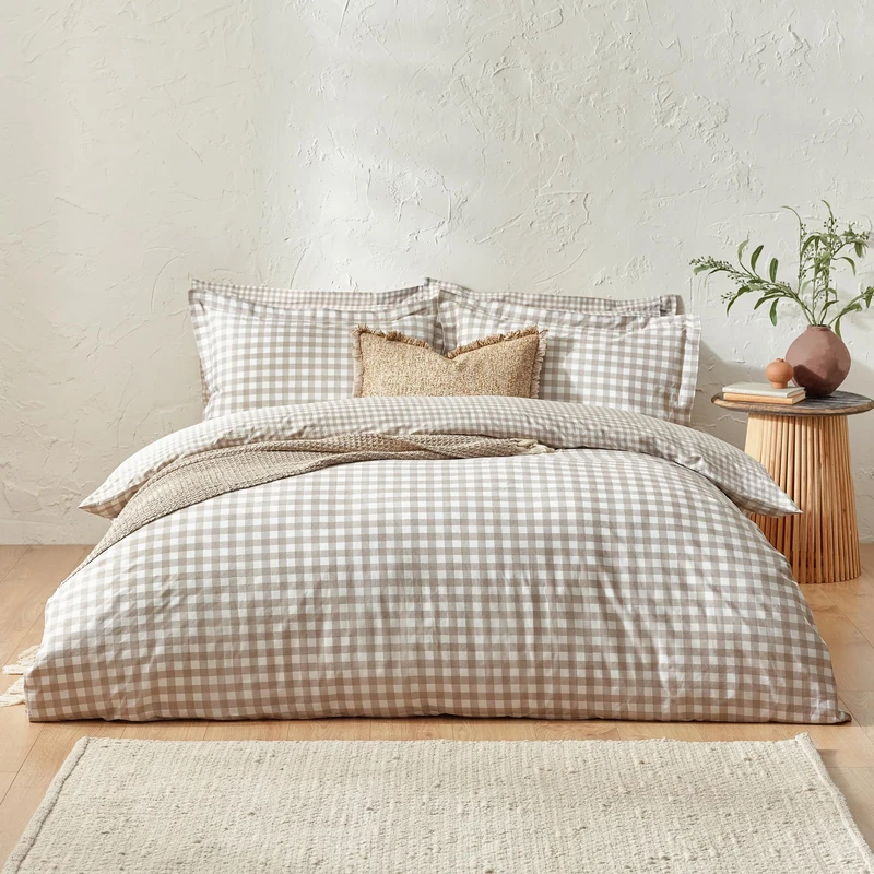 Yard Barton Gingham Check Duvet Cover Set - 100% Cotton, Reversible, Oxford Pillowcases, Soft & Breathable Premium Bedding (Super King - Natural)