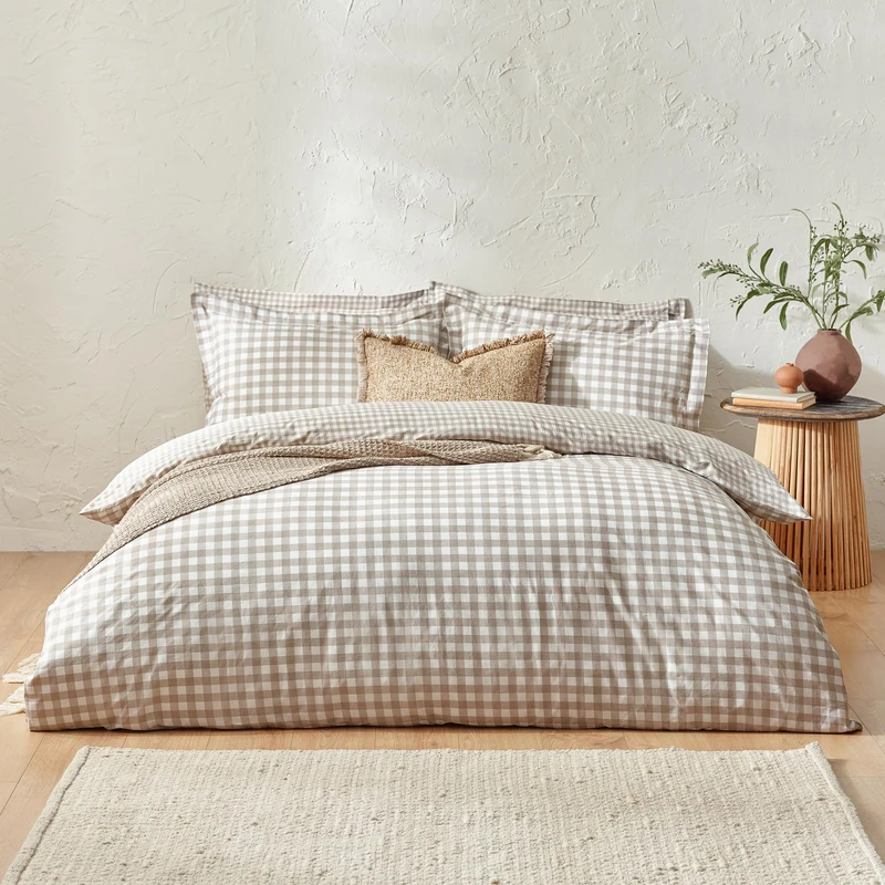 Yard Barton Gingham Check Duvet Cover Set – 100% Cotton Reversible Oxford Pillowcases Soft & Breathable Premium Bedding (Natural – King)