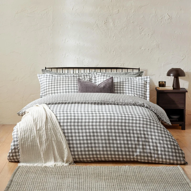 Yard Barton Gingham Check Duvet Cover Set - 100% Cotton, Reversible, Oxford Pillowcases, Soft & Breathable Premium Bedding (Super King - Grey)
