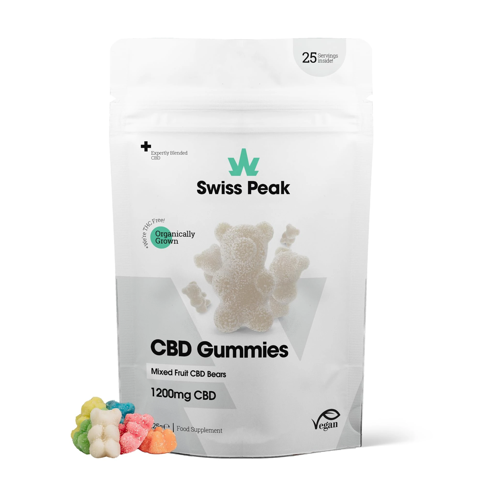 Swiss Peak 1200mg CBD Gummies, Delicious Edible Bears, UK-Made, Vegan, THC-Free, Premium CBD for Relaxation & Wellness, On-The-Go Grab Bag – 25 Gummies Per Pack