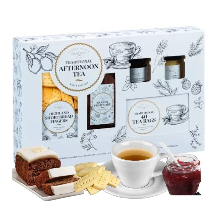 Traditional Afternoon Tea Hamper Gift Set - Set of Brandy Fruit Cake, Blackcurrant Jam Preserve, 40 Quality Tea and Highland Shortbread Fingers - Christmas Hamper Gift