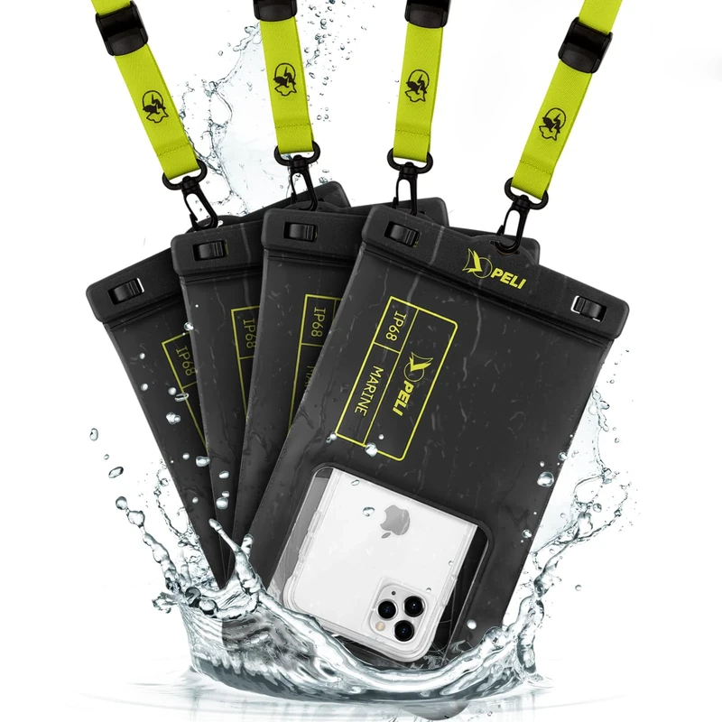 Peli 4 Pack Marine - IP68 Waterproof Phone Pouch (XL Size)-Floating Waterproof Phone Case For iPhone 17 Pro Max/iPhone 16 Pro/iPhone 15 Pro/14/13/12/S26 - Detachable Lanyard - Black/Hi-Vis Yellow