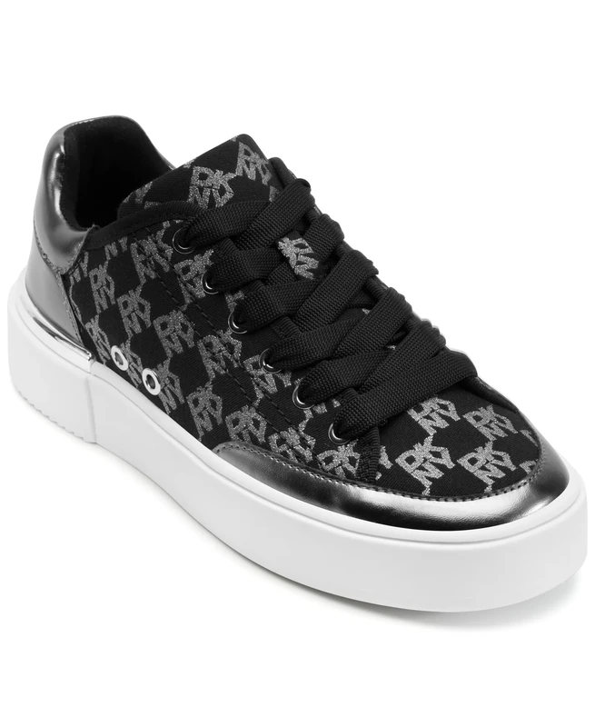 DKNY Womens Bradley Logo Platform Lace Up Sneaker, Black/Nickel, 6.5