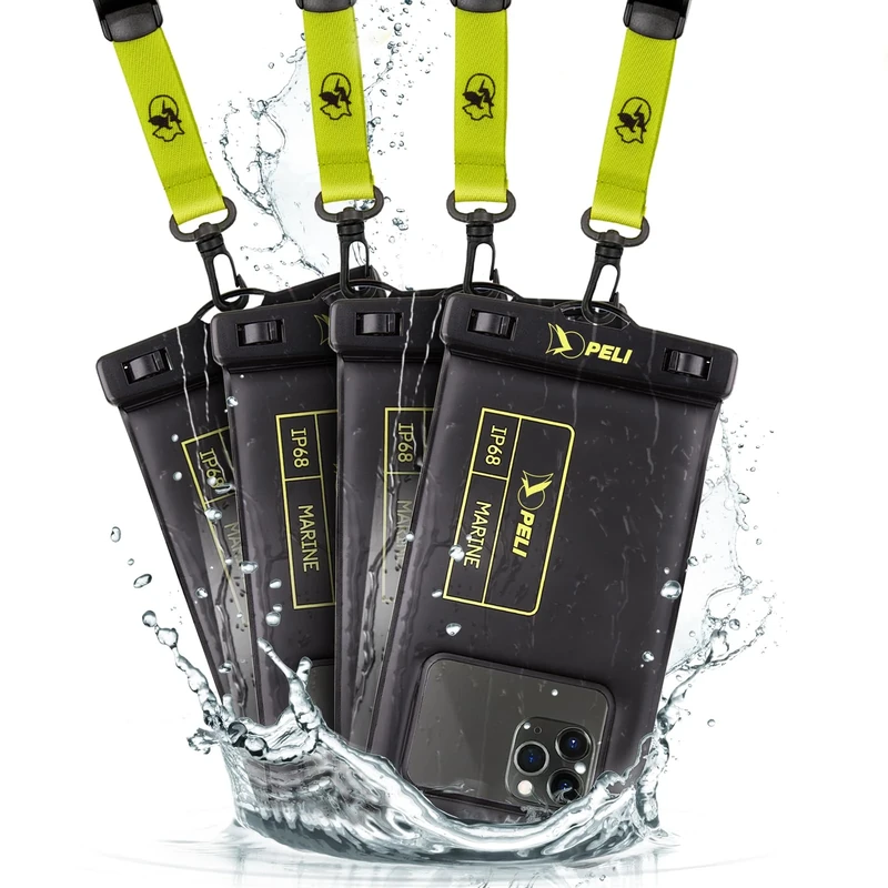 Peli 4 Pack Marine - IP68 Waterproof Phone Pouch (Regular Size)-Floating Waterproof Phone Case For iPhone 16 Pro Max/iPhone 15 Pro/14 Pro/13/12/S25 - Detachable Lanyard - Black/Hi-Vis Yellow