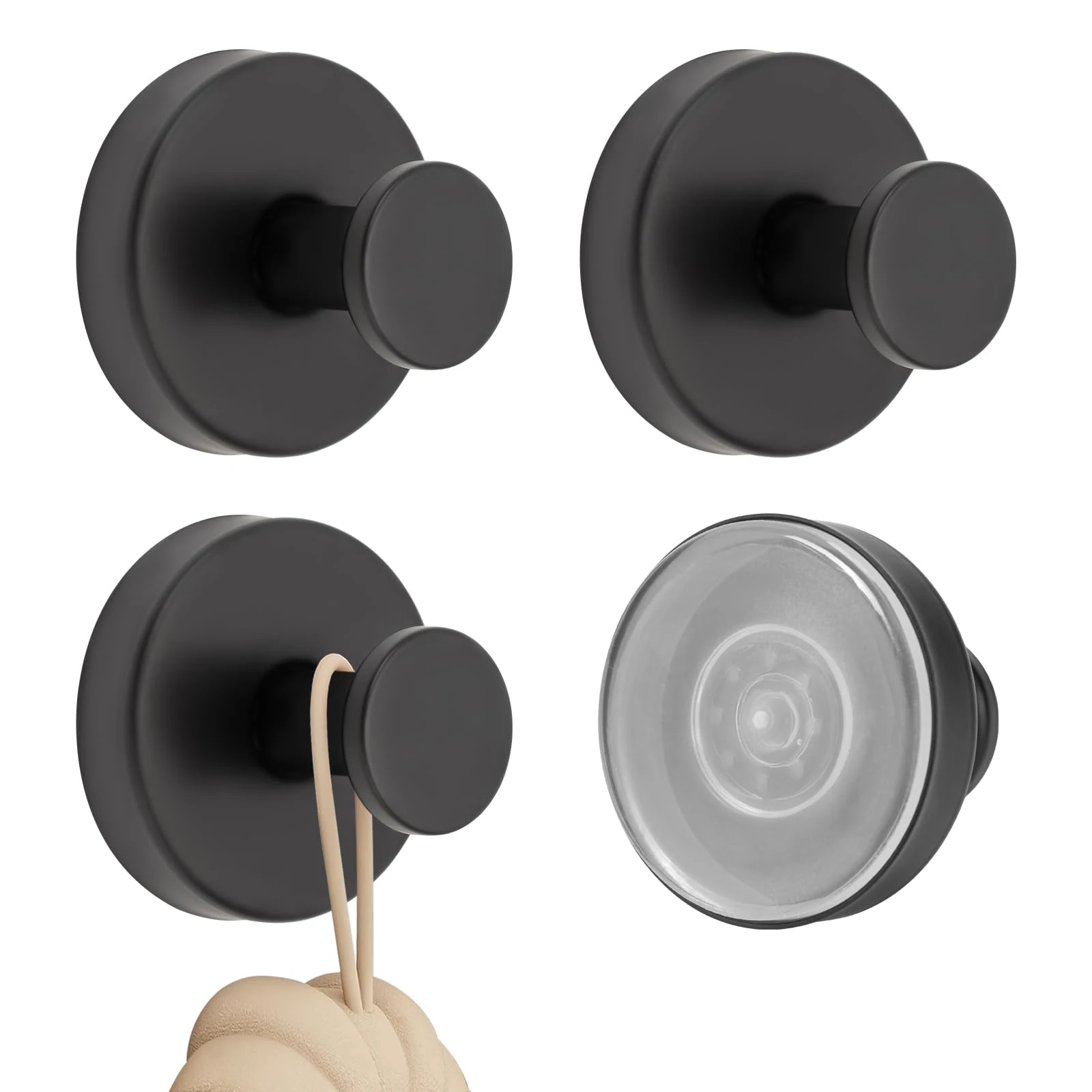 Bafiwu 4PCS Stainless Steel & PVC Suction Shower Hooks, Black, 4 Hooks, 22lbs Max Weight, Rust Resistant, Suction Cup Hooks for Bathroom, Kitchen, General Hanging