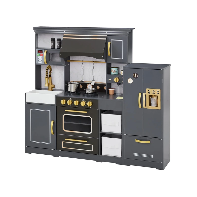 Teamson Kids Little Chef Colonie Wooden Play Kitchen with Accessories Grey Includes Fridge with Ice Dispenser, Microwave, Coffee Maker & Cookware