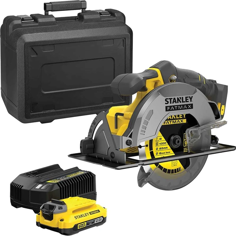 STANLEY FATMAX V20 Cordless 165mm Circular Saw, Includes 2Ah Li-Ion Battery, 2A Charger and Kit Box, SFMCS500D1K-GB