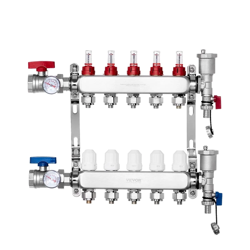 VEVOR 5-Branch Radiant Heat Manifold, 1/2" PEX Tubing Manifold, Stainless Steel PEX Manifold for Hydronic Radiant Floor Heating, Radiant Heat PEX Manifold Kit with 1/2" Adapters Included