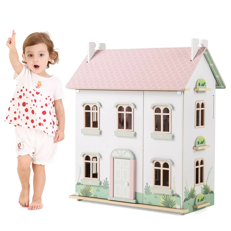 GYMAX Wooden Kids Dollhouse, 3-Storey Dolls House with 5 Rooms, Double-sided Roofs and 19pcs Furniture Accessories, Large Doll House for 3 Years Old+
