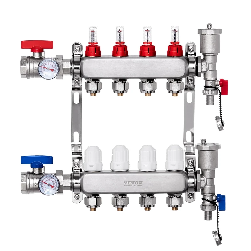 VEVOR 4-Branch Radiant Heat Manifold, 1/2" PEX Tubing Manifold, Stainless Steel PEX Manifold for Hydronic Radiant Floor Heating, Radiant Heat PEX Manifold Kit with 1/2" Adapters Included