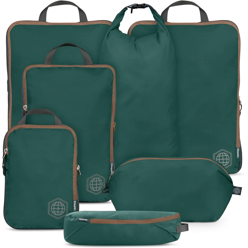 Large Compression Packing Cubes for Travel-Packing Cube Luggage Organizers 7 Piece Set for Checked Luggage-Ultralight, Expandable/Compression Bags by TRIPPED Travel Gear (Green and Brown)