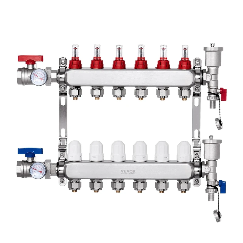 VEVOR 6-Branch Radiant Heat Manifold, 1/2" PEX Tubing Manifold, Stainless Steel PEX Manifold for Hydronic Radiant Floor Heating, Radiant Heat PEX Manifold Kit with 1/2" Adapters Included