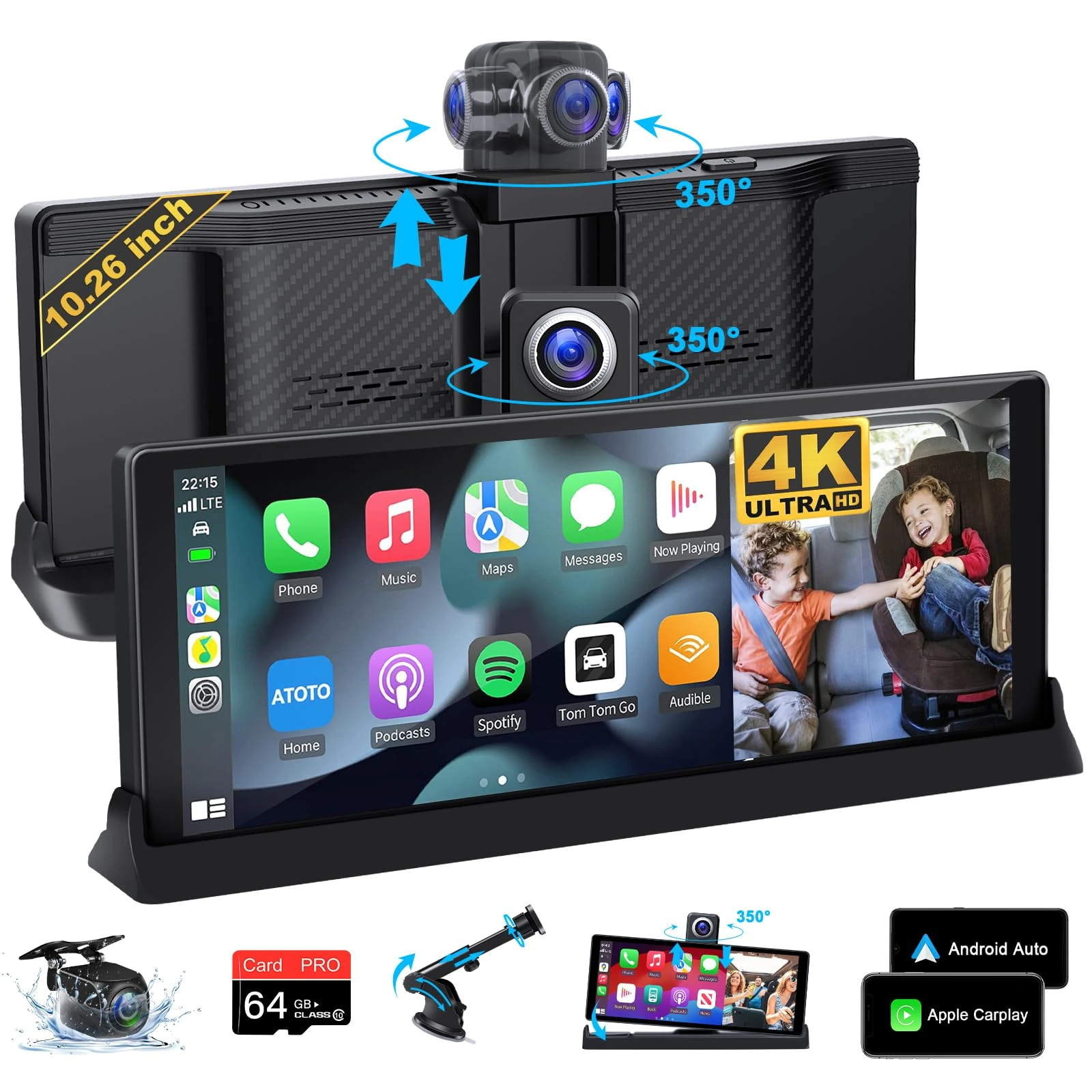 4K Apple Carplay Screen 10.26'' Car Play Screen 350° Rotatable Front Lens Wireless Carplay & Android Auto Car Screen with Dashcam Reversing Camera Dual Bluetooth Mirror Link Voice Control Navigation