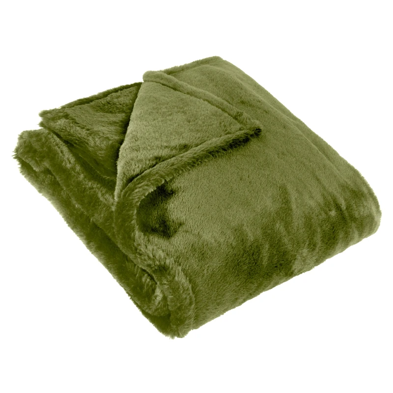 furn. Kallu Faux Fur Throw – Earthy Soft Fluffy Decorative Throw with Oxford Edge (Olive - 150x200cm) - Image 1