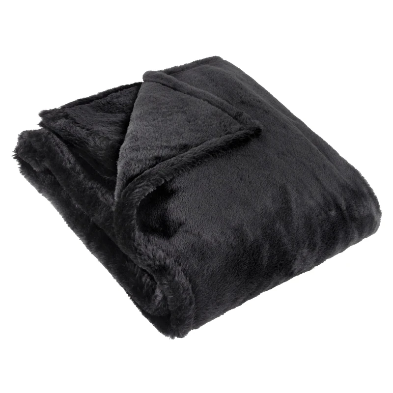 furn. Kallu Faux Fur Throw – Earthy Soft Fluffy Decorative Throw with Oxford Edge (Black - 150x200cm)
