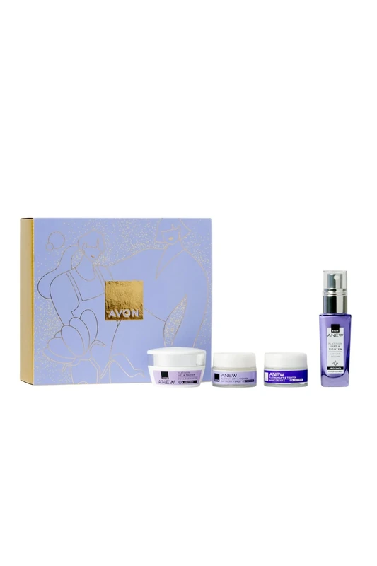 Avon Anew Platinum Lift & Tighten Four Piece Gift Set, for visibly Smoother & Tighter-looking Skin, Includes Day Cream, Night Cream, Dual Eye Cream & Face Serum, For an Instantly Lifted Look.