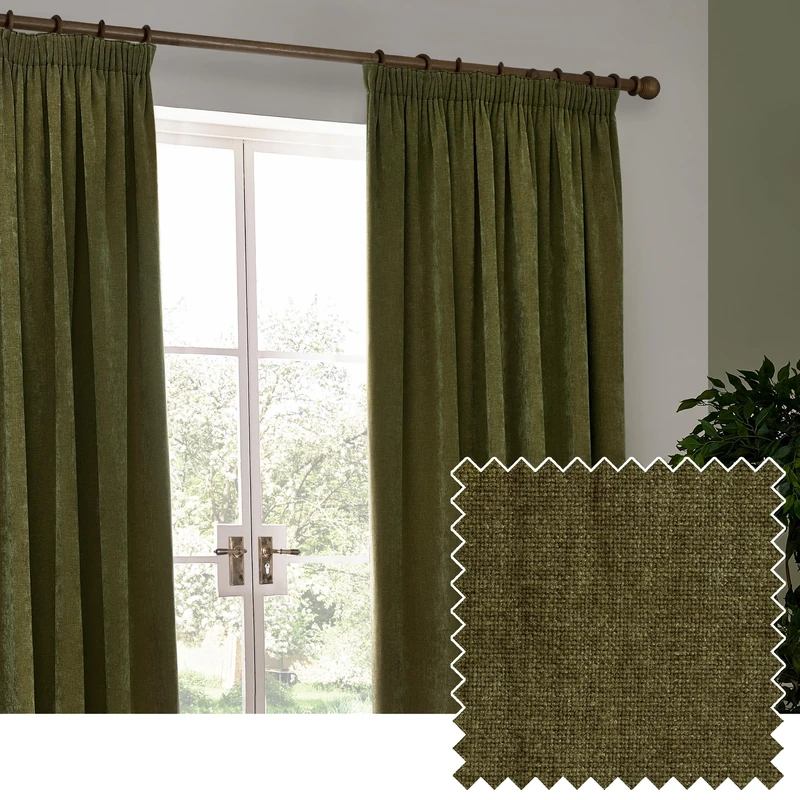 furn. Yard Heavy Chenille Pencil Pleat Curtain Pair – Lined Room Darkening Soft Velvet Curtains (Olive - Width 117 x Drop 183cm)