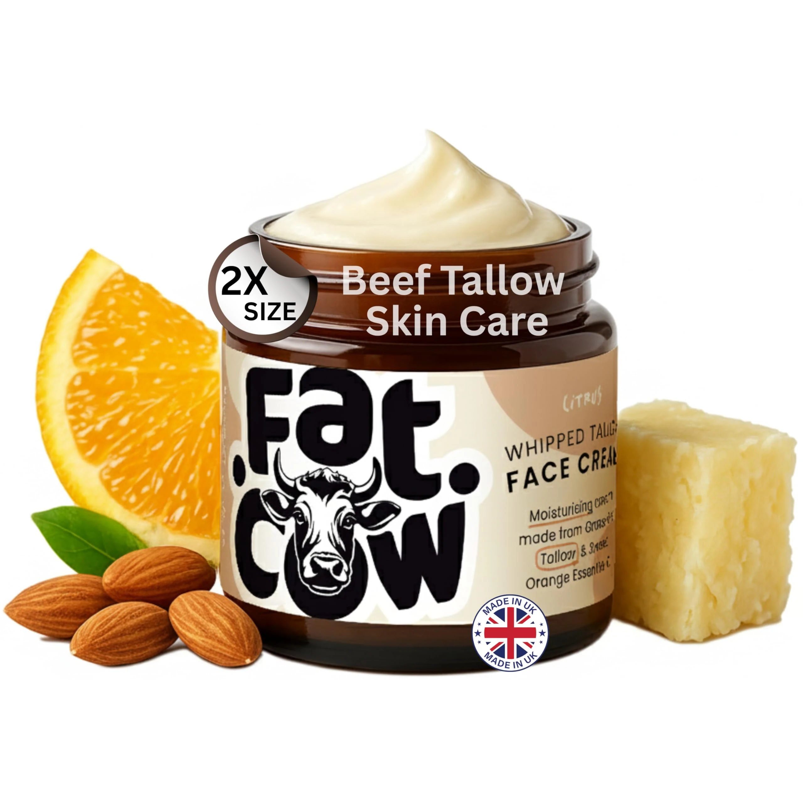 Beef Tallow Skin Care, Tallow Face Cream Moisturiser, 100% Grass-Fed & Whipped Enriched with Almond Oil, Deep & Natural Hydration for Sensitive & Dry Skin, 120ml Citrus Scent