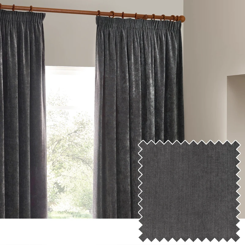 furn. Yard Heavy Chenille Pencil Pleat Curtain Pair – Lined Room Darkening Soft Velvet Curtains (Charcoal - Width 168 x Drop 137cm)