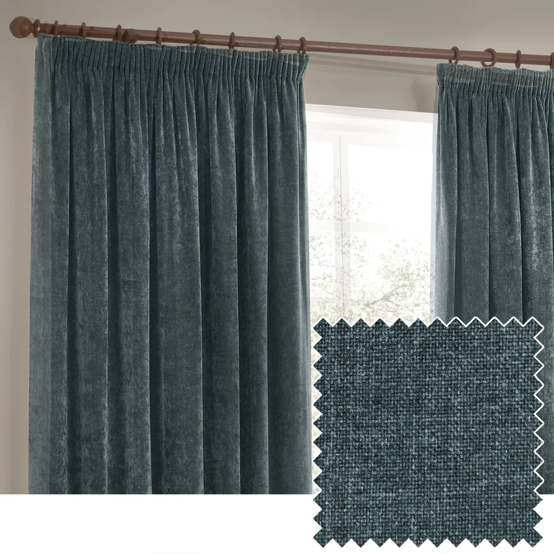 furn. Yard Heavy Chenille Pencil Pleat Curtain Pair – Lined Room Darkening Soft Velvet Curtains (Marine - Width 229 x Drop 183cm)