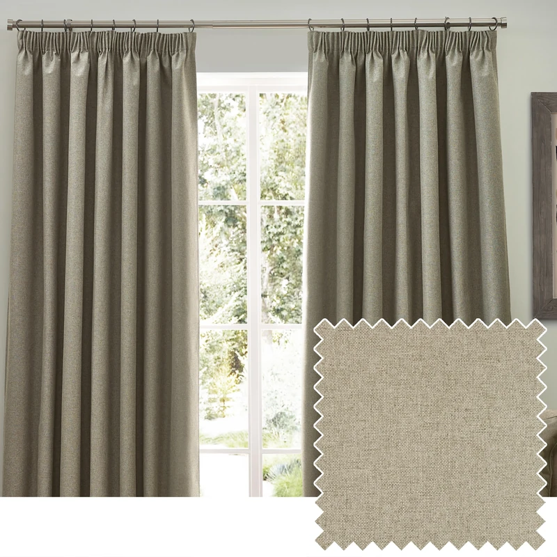 furn. Dawn Textured Blackout Pencil Pleat Curtains – Thermal Lined Pair (Natural - Width 168 x Drop 229cm)