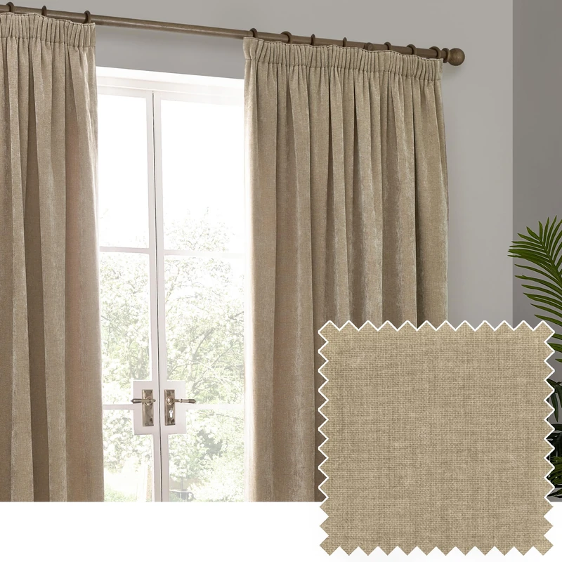furn. Yard Heavy Chenille Pencil Pleat Curtain Pair – Lined Room Darkening Soft Velvet Curtains (Natural - Width 168 x Drop 183cm)