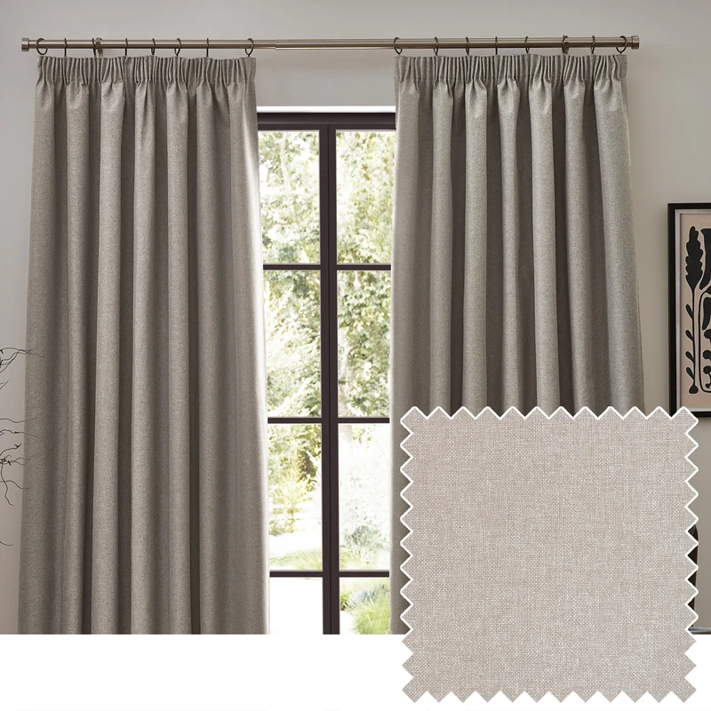 furn. Dawn Textured Blackout Pencil Pleat Curtains – Thermal Lined Pair (Linen - Width 168 x Drop 229cm)