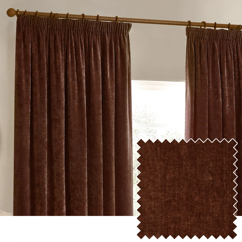 furn. Yard Heavy Chenille Pencil Pleat Curtain Pair – Lined Room Darkening Soft Velvet Curtains (Nutmeg - Width 117 x Drop 137cm)
