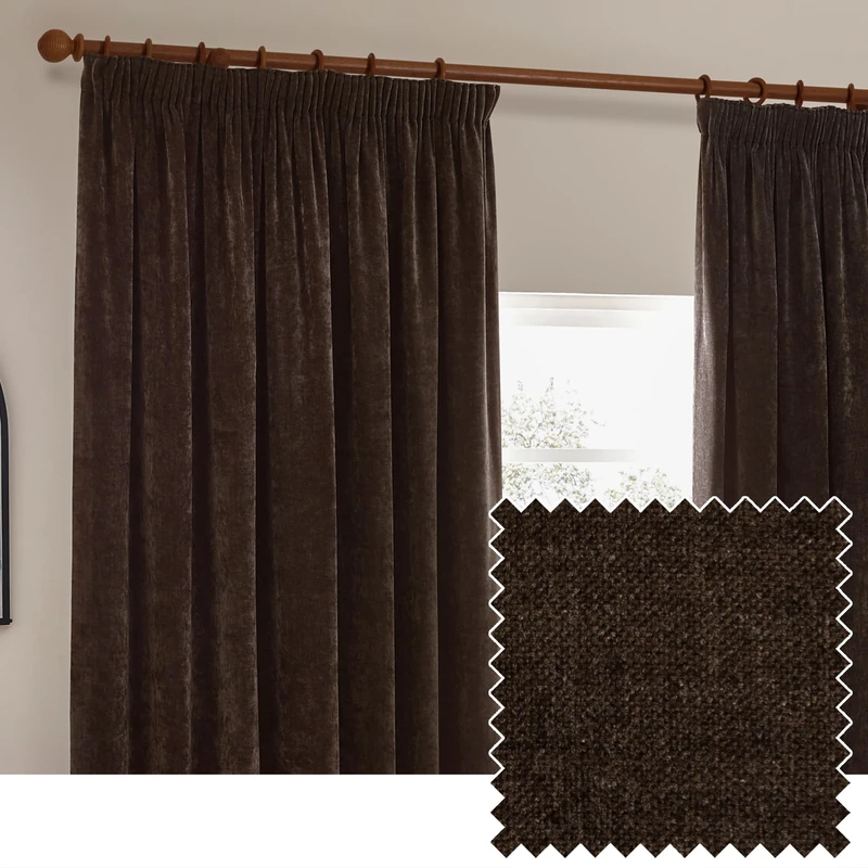 furn. Yard Heavy Chenille Pencil Pleat Curtain Pair – Lined Room Darkening Soft Velvet Curtains (Brown - Width 229 x Drop 137cm)