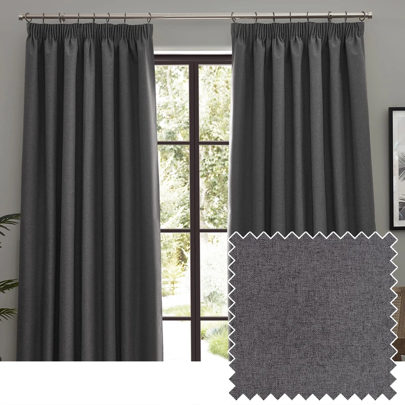furn. Dawn Textured Blackout Pencil Pleat Curtains – Thermal Lined Pair (Charcoal - Width 168 x Drop 137cm)