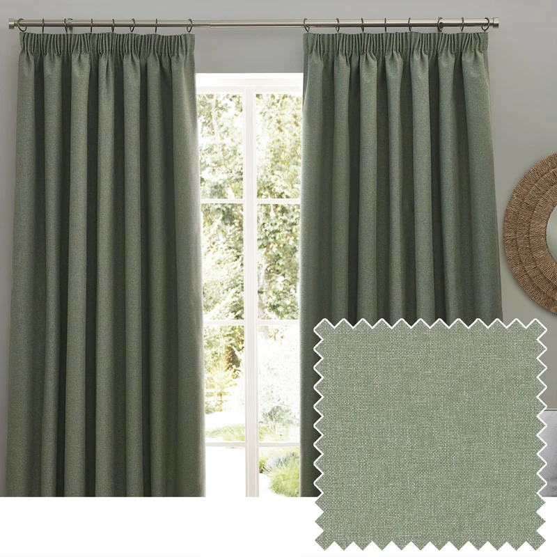 furn. Dawn Textured Blackout Pencil Pleat Curtains – Thermal Lined Pair (Eucalyptus - Width 117 x Drop 183cm)