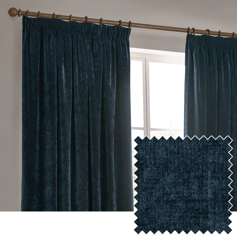 furn. Yard Heavy Chenille Pencil Pleat Curtain Pair – Lined Room Darkening Soft Velvet Curtains (Navy - Width 229 x Drop 229cm)