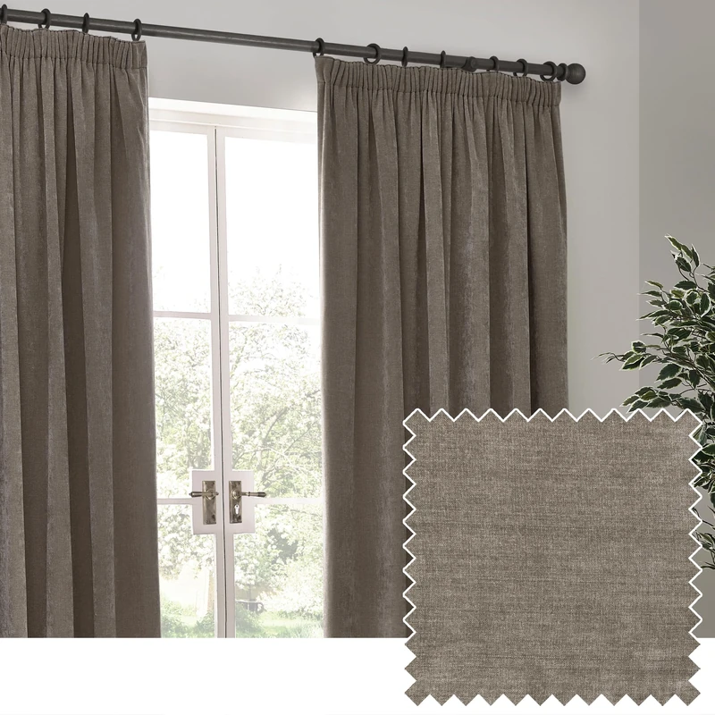 furn. Yard Heavy Chenille Pencil Pleat Curtain Pair – Lined Room Darkening Soft Velvet Curtains (Greige - Width 168 x Drop 137cm)